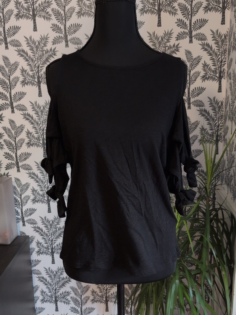 CeCe Black Knit Top with Cold Shoulder Tie Sleeve Detail